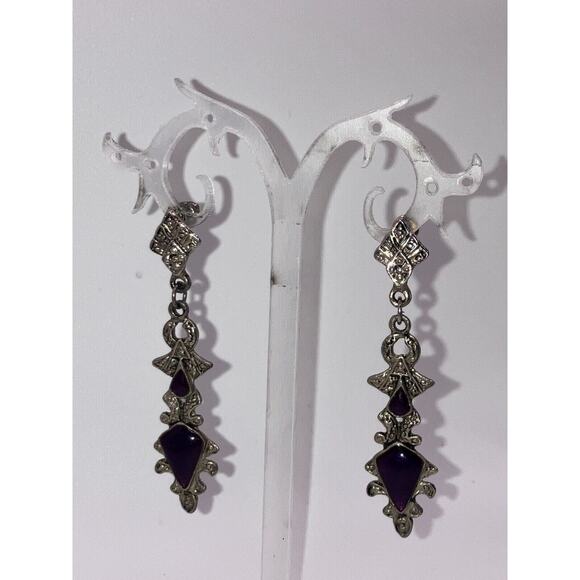 Purple Silver-Tone Art Nouveau Marcasite Drop 2.5" Earrings! - Picture 5 of 12